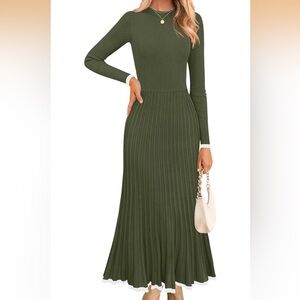Women's Long Sleeve Sweater Dress Fall 2026 - Ribbed Knit Pleated A-Line Maxi XL